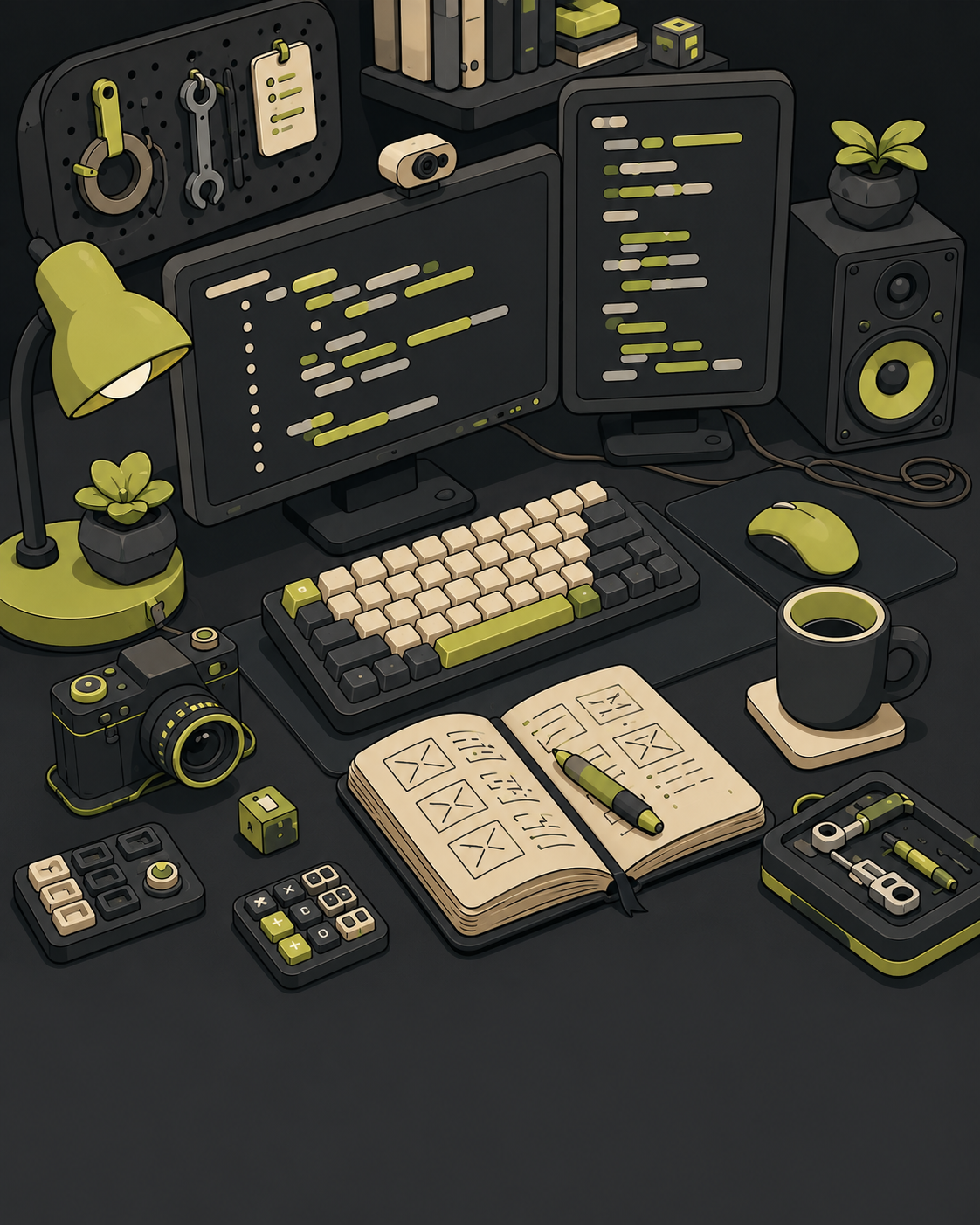 Stylized creator workstation with monitors, camera, notebook, and tools