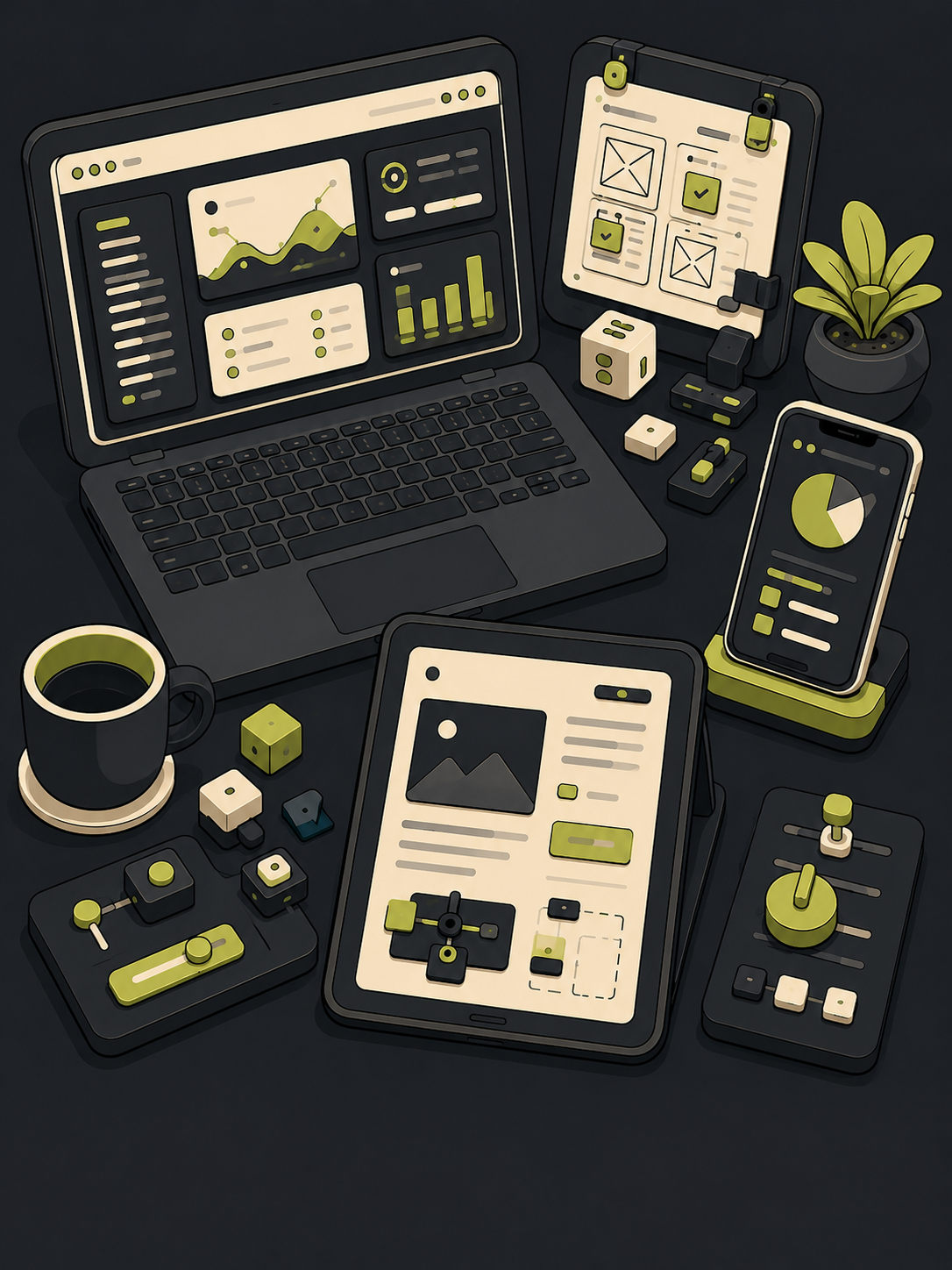Stylized product design lab with laptop, tablet, phone, and interface prototypes