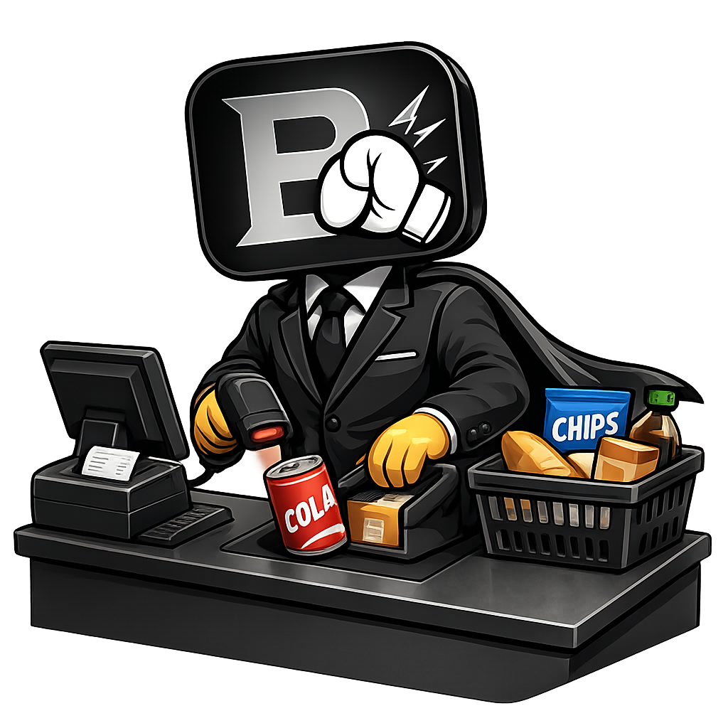 BYTEBASHERR mascot building products at a checkout desk