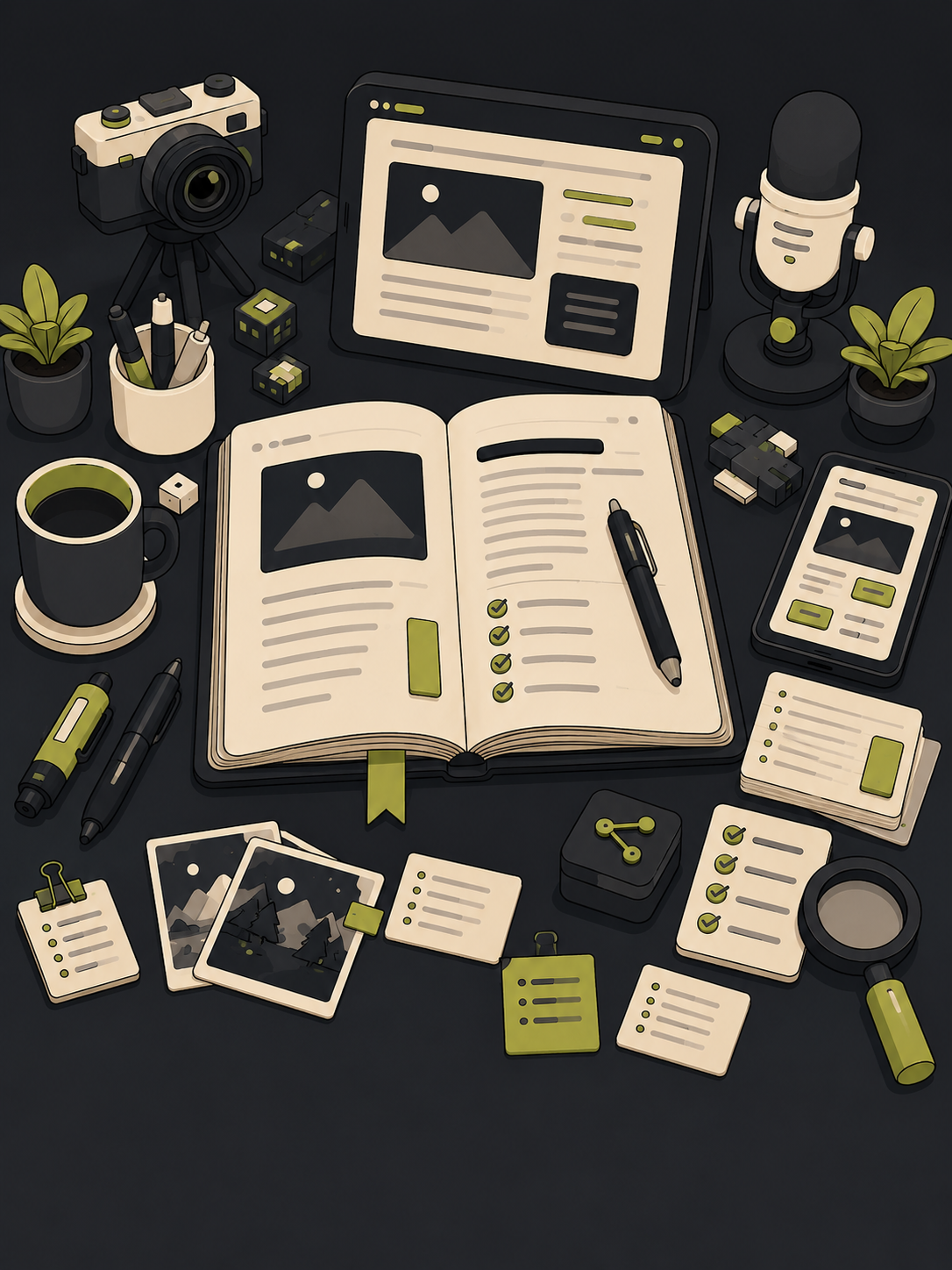Stylized publishing desk with notebook, microphone, camera, and article drafts