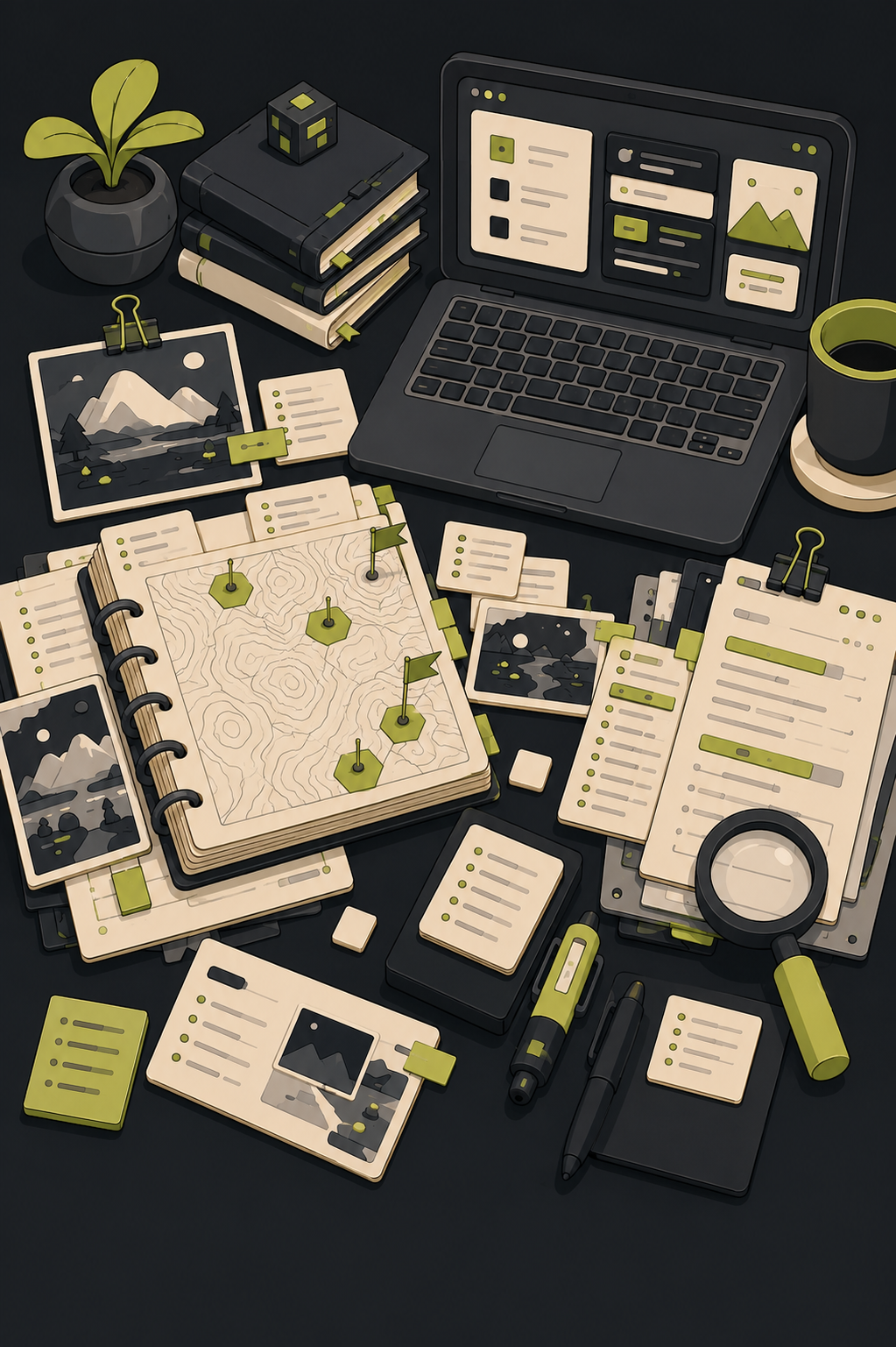 Stylized research desk with maps, source cards, laptop, and magnifying glass